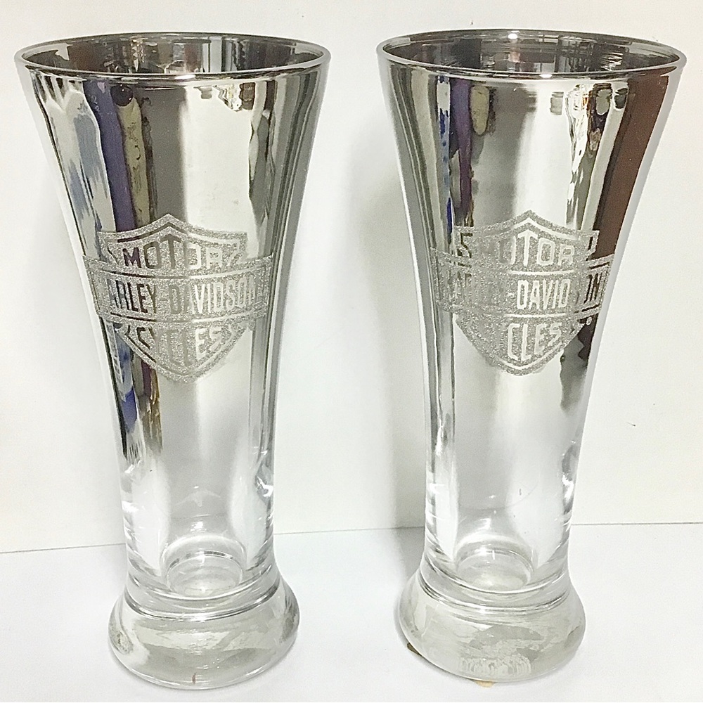 NWT Harley-Davidson Chrome Finish Pilsner Glasses (pair)